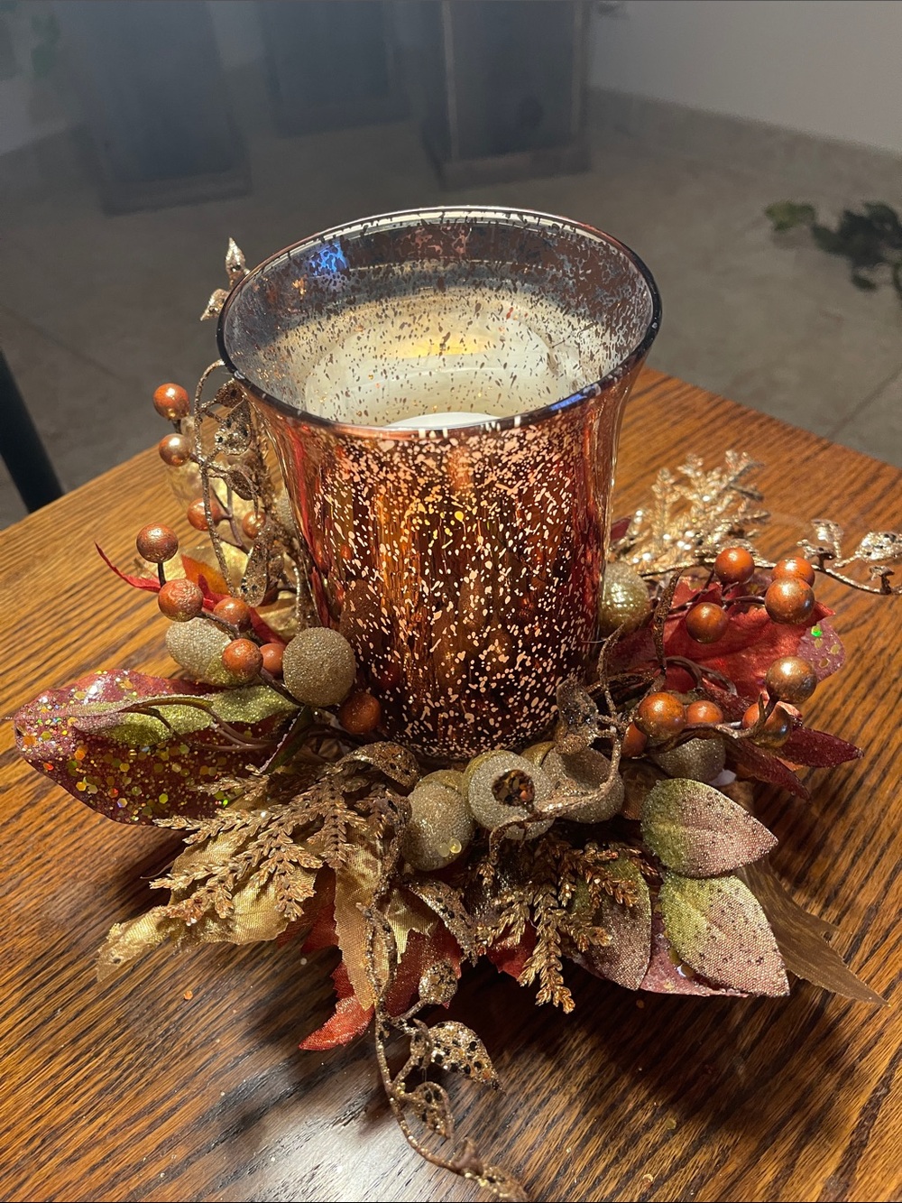 Bronze Mercury Glass Candle Holder with Autumn Berry Wreath